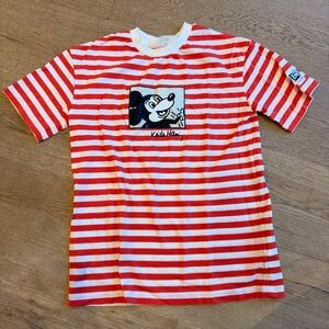 Kieth Haring Disney Mickey Mouse Red & White Striped Graphic Short Sleeve Tee
